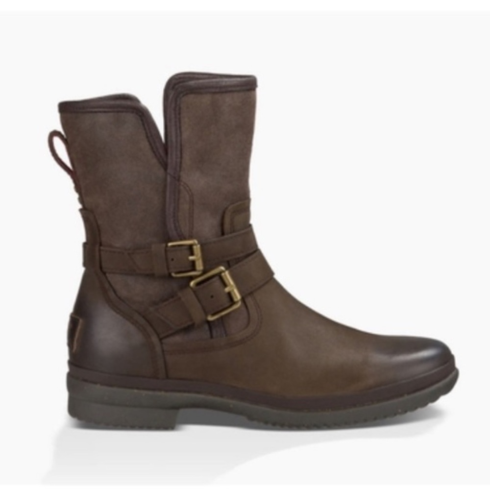 UGG | Simmen Leather Waterproof Combat Boots with Green Tweed details | Size 8